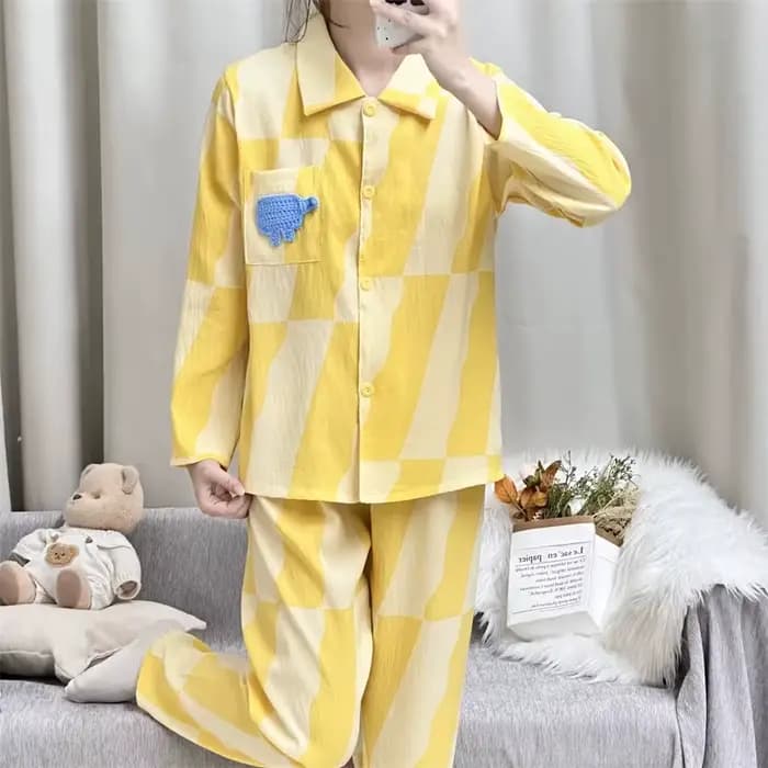Nouvel ensemble de pyjama pour femme en coton à motif dessin animé, avec revers et manches longues,