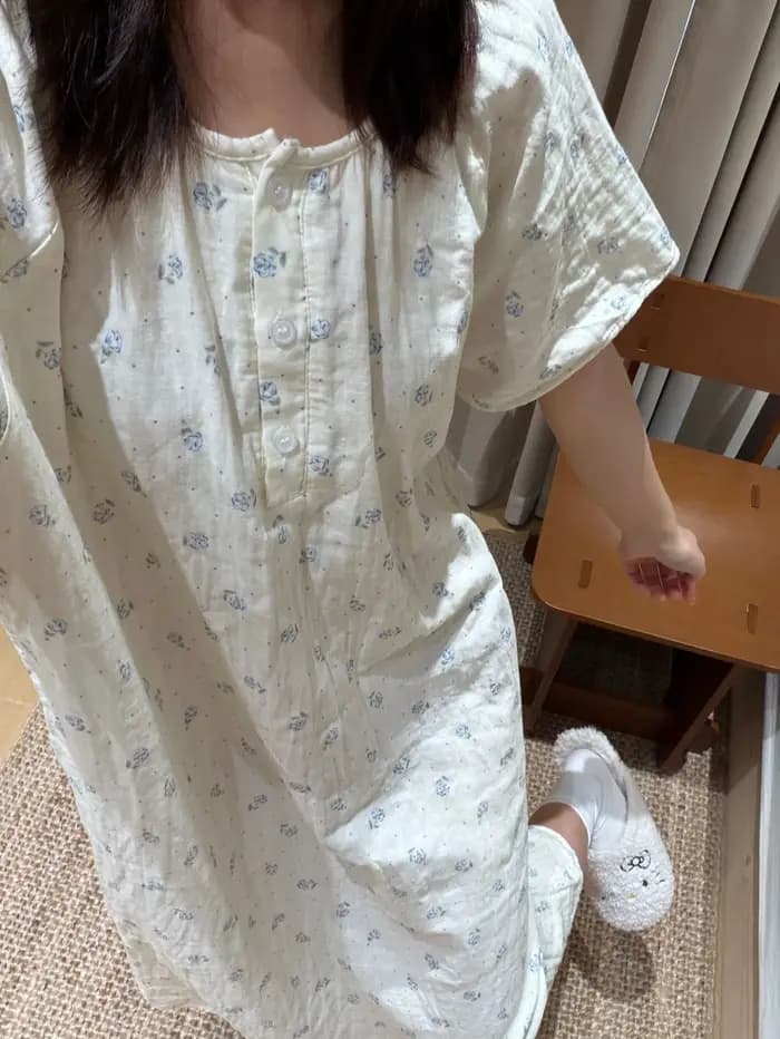 Ensemble pyjama d'été 100 % coton double gaze à manches courtes et boutons, style chemise de nuit, m