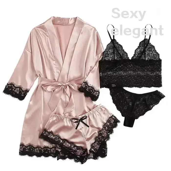 4 pièces femme vêtements de nuit pyjamas Ser avec Robe Sexy dentelle Lingerie peignoir soie Satin maison