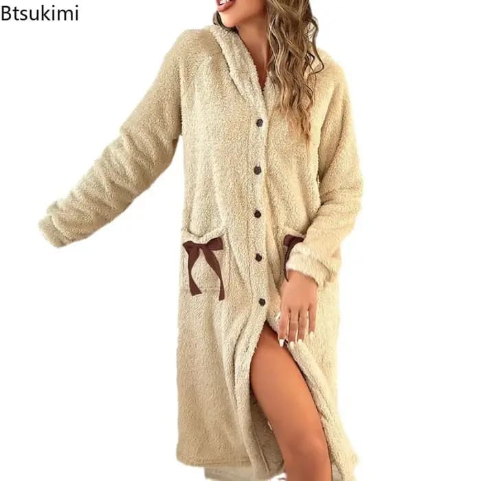 Femmes Robe Robe boutons nœud poches hiver chaud flanelle à capuche peignoir pour hôtel Spa fête ample et confortable maison peignoirs