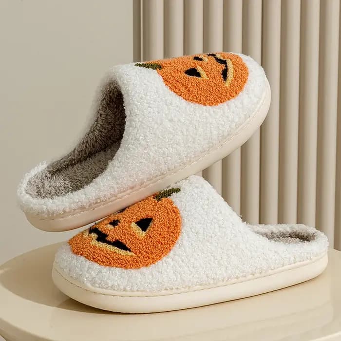 Sourire citrouille Halloween chaussons pour femmes hiver intérieur dessin animé confort maison chambre doux casual plat en peluche chaussures pour cadeau