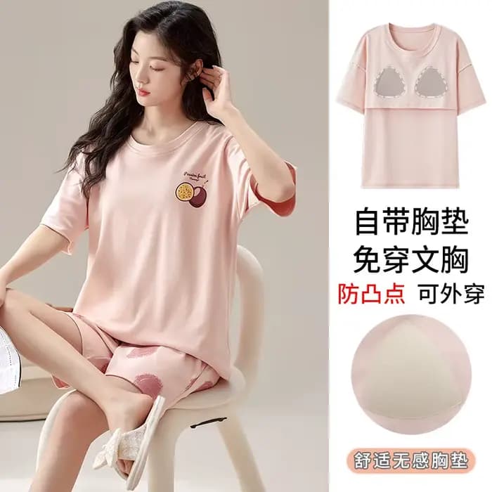 Pyjama d'été 100% coton pour femmes avec soutien-gorge rembourré
