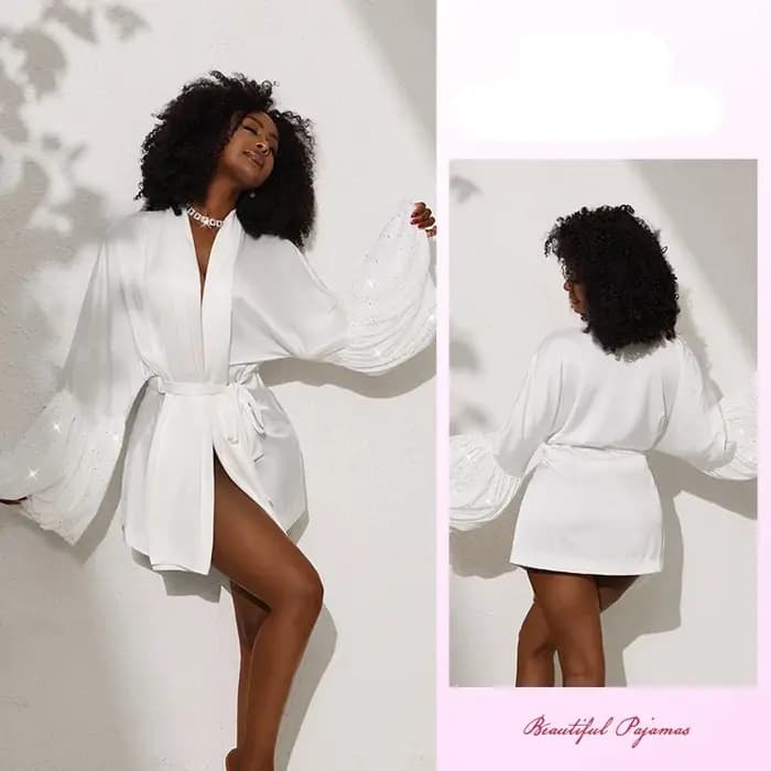 Robe Kimono Courte en Satin Brillant pour Femme