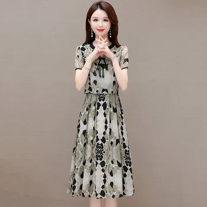 Robe midi élégante à imprimé perlé et boutonnée, effet deux pièces, pour femme, nouvelle collection été, ample, polyvalente, en mousseline, style vintage