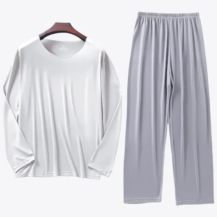 KIDWHXR Ensemble pyjama 2 pièces en soie glacée pour homme – Haut à manches longues simple et pantalon à taille élastique – Tenue de détente douce et respirante pour homme
