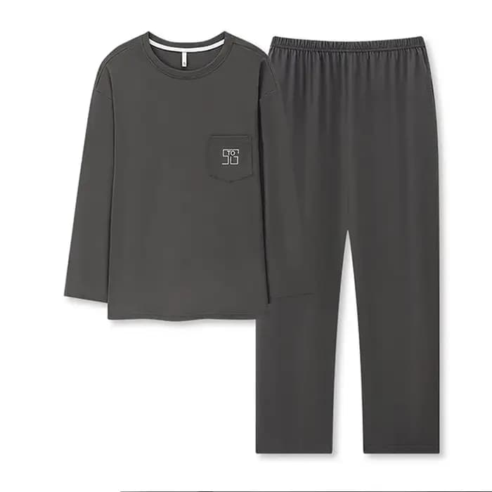 Ensemble de pyjama pour homme 100% coton, col rond, haut à manches longues, pantalon long, ample, doux, décontracté, deux pièces, vêtement de nuit.