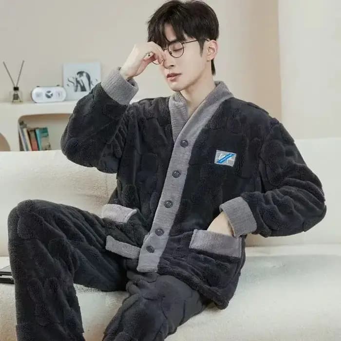 2025 pyjama en flanelle pour hommes deux pièces mode bouton col en v épaissir chaud maison costume doux vêtements de détente hiver mâle tenue de nuit