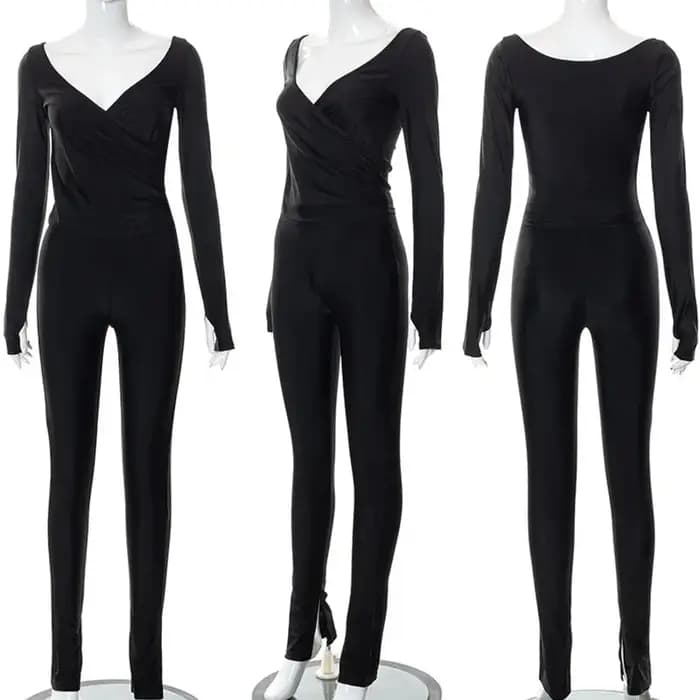 Haut à manches longues et pantalon crayon à col en V pour femme, ensemble de batterie mince, tenues