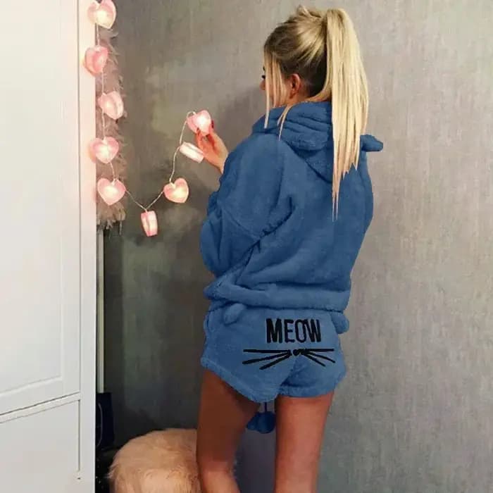 Ensemble de pyjama en velours chaud pour femmes, sweats à capuche et shorts, vêtements de nuit mignons, motif chat miaou, lieux, automne, hiver, 2 pièces pyjama pour femme ensembles pyjama vetements f