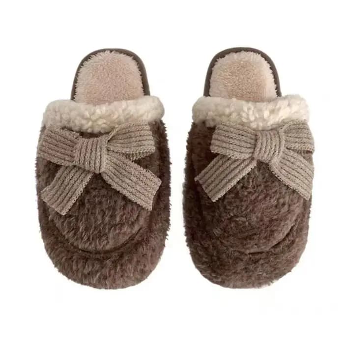 Chaussons en fourrure douce et épaisse avec nœud en forme de lettre tendance, chaussons d'intérieur