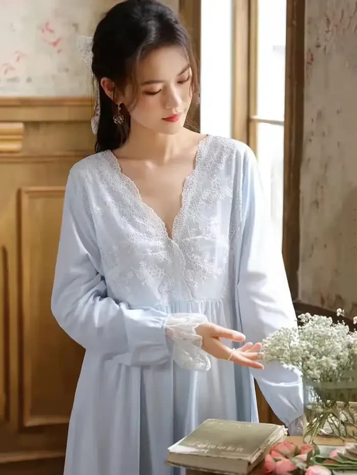 Femmes coton volants dentelle col en v Vintage chemises de nuit Robe nuisette à manches longues Robe