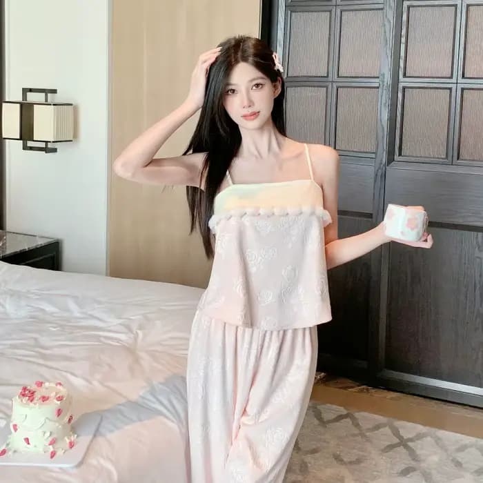 Pyjama 3 pièces en Jacquard Rose pour femmes