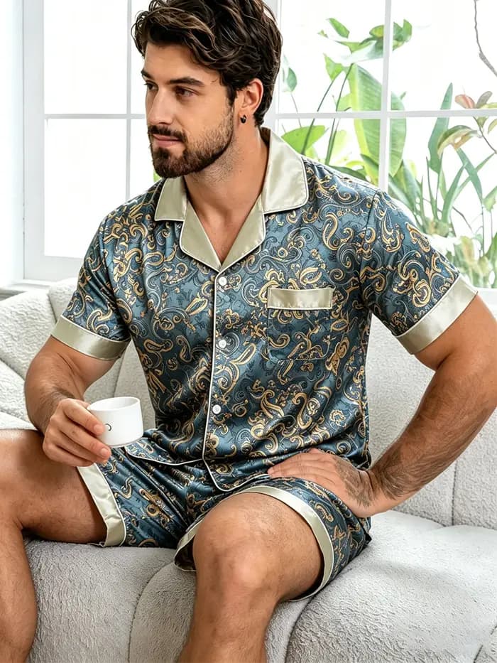 Ensemble de pyjama en satin pour homme, imprimé cachemire, manches courtes, boutonné, vêtements de détente, vêtements de nuit avec short, vêtements de nuit doux et soyeux pour homme