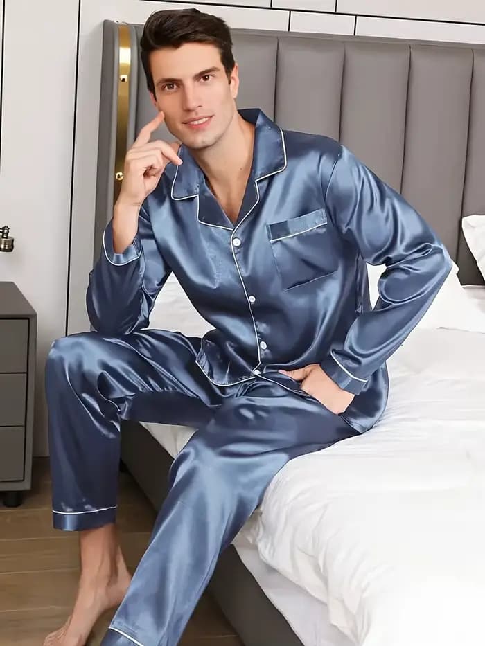 Hommes pyjama ensembles vêtements de nuit en microfibre pour dormir homme chemise soie à manches lon