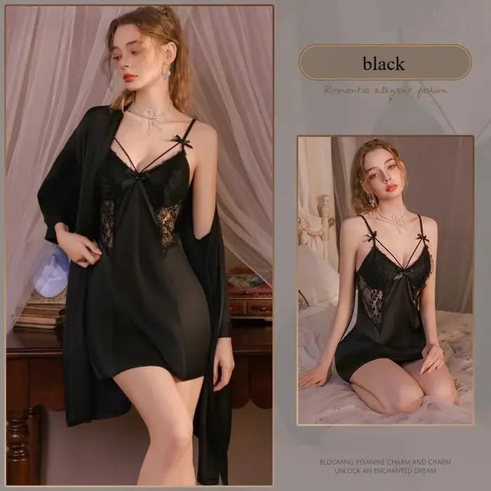 Ensemble de pyjama et robe de chambre en satin ajouré avec nœud en dentelle, dos nu, avec coussinets
