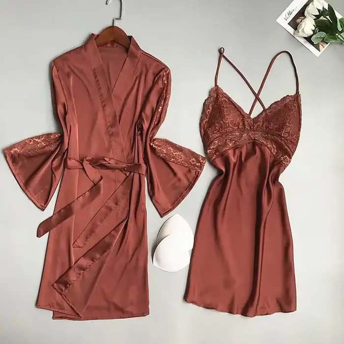Ensemble de vêtements de nuit en Satin pour femmes, 2 pièces, Robe de mariée blanche, demoiselle d'honneur, garniture en dentelle, vêtements de nuit Sexy pour femmes, peignoir décontracté, vêtements d