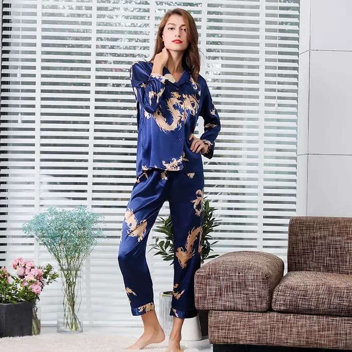 Ensemble de pyjama à manches longues pour hommes, vêtements de nuit deux pièces, rayonne, motif dragon, style chinois, maison, couples