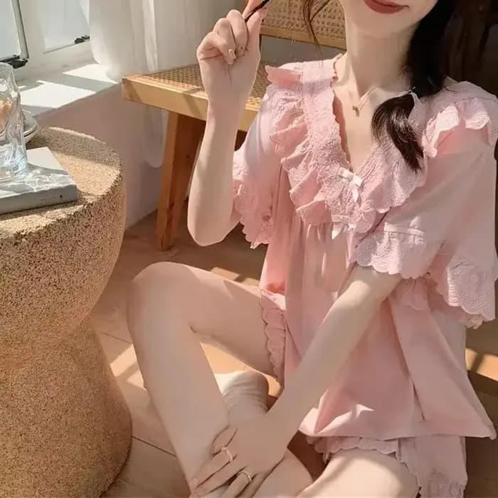 M-5XL pyjama ensembles femmes princesse adt maison à manches courtes doux volants style coréen solide mode été décontracté chic vêtements de nuit