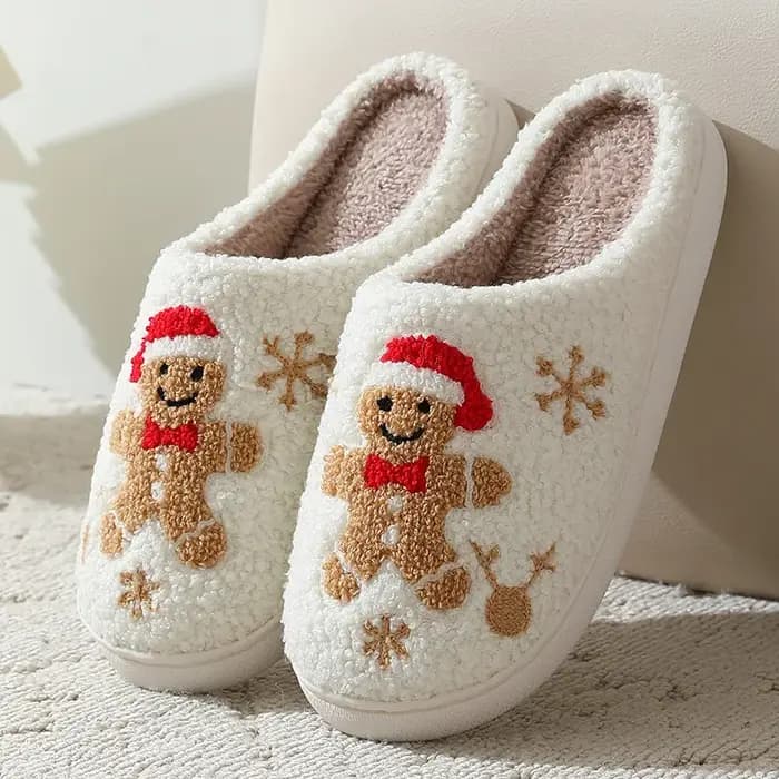 Pantoufles de noël en pain d'épice pour femmes et hommes, diapositives chaudes d'hiver, chaussures d