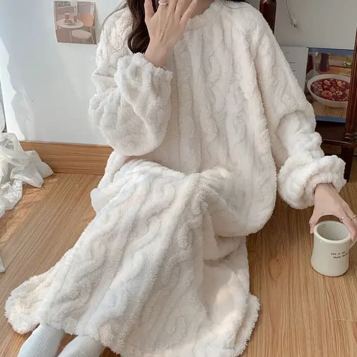 Hiver à manches longues Double poche flanelle chemises de nuit femmes ample solide vêtements