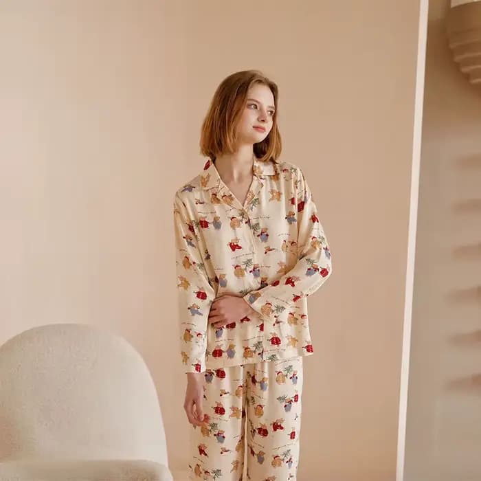 Ensemble pyjama confortable imprimé ours pour femmes, pyjama de noël en coton doux, mignon, vêtement