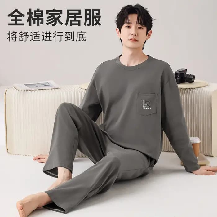 Ensemble de pyjama pour homme 100% coton, col rond, haut à manches longues, pantalon long, ample, do