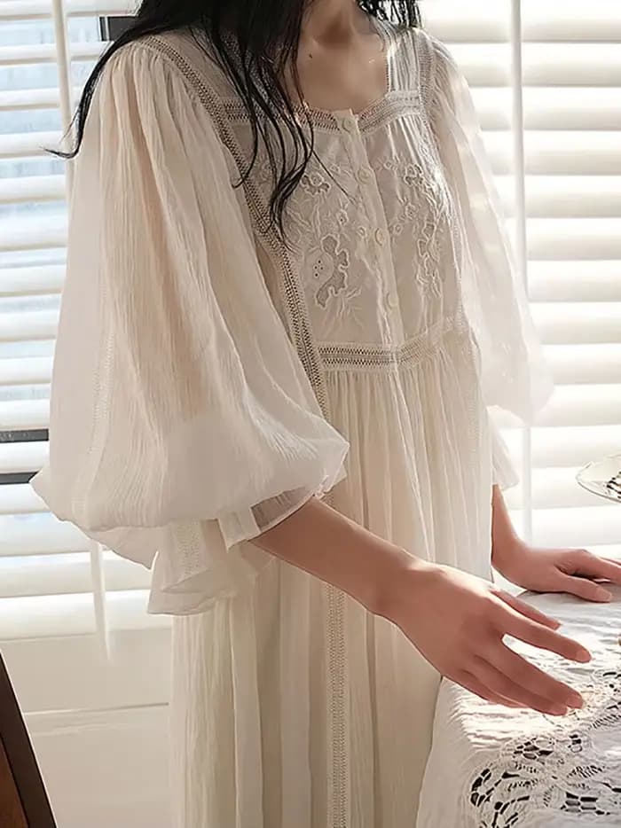 Femmes pur coton volants Vintage chemises de nuit Robe nuisette longue