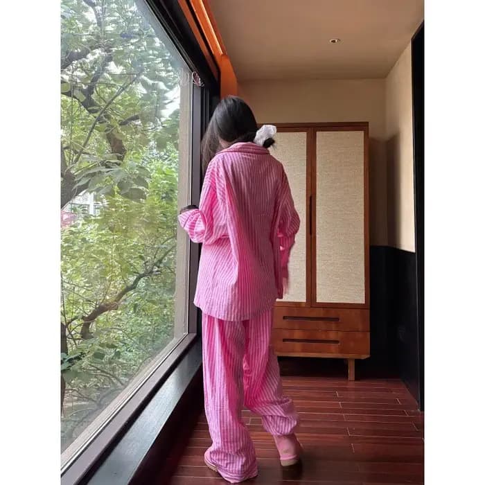 Pyjama rayé rose 2026 pour femme – Nouveauté printemps-automne – Ensemble loungewear à manches longues et pantalon