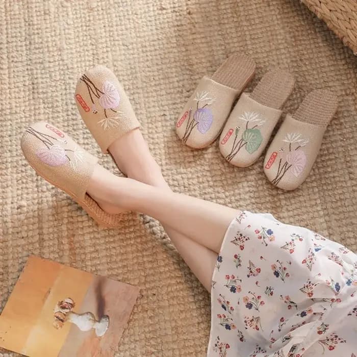 Chaussons d'intérieur décontractés en lin brodé