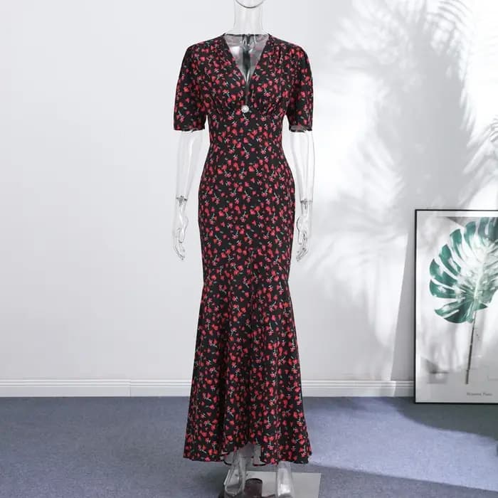Robe Chic Imprimée à Manches Courtes Col V Taille Cintrée Coupe Ajustée Longue Tendance Été Vacances Femme Soirée 2026