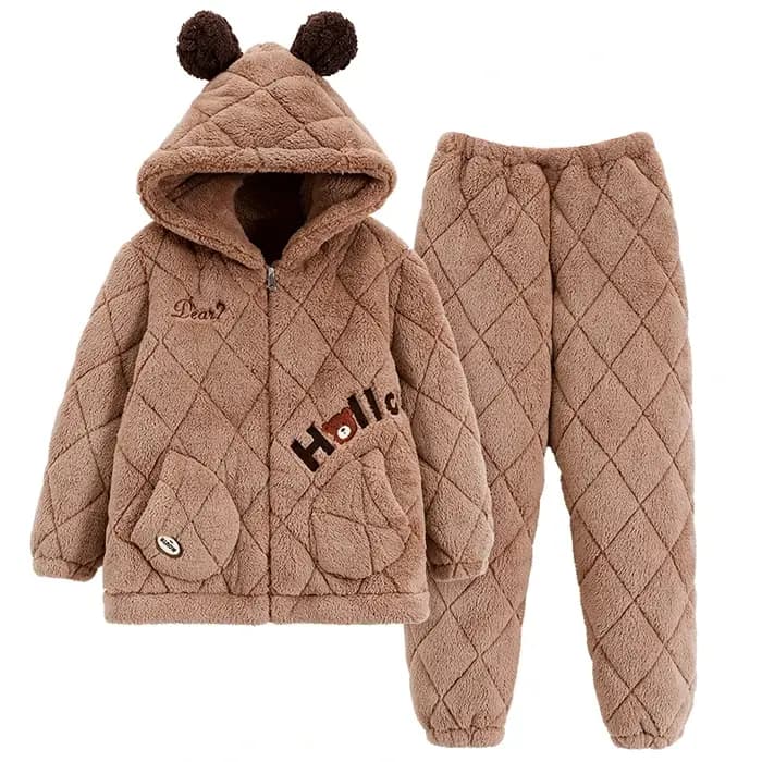 Hiver femmes pyjamas ensemble 3 couches pince coton à capuche Pijama femme épais chaud mignon dessin animé vêtements de nuit