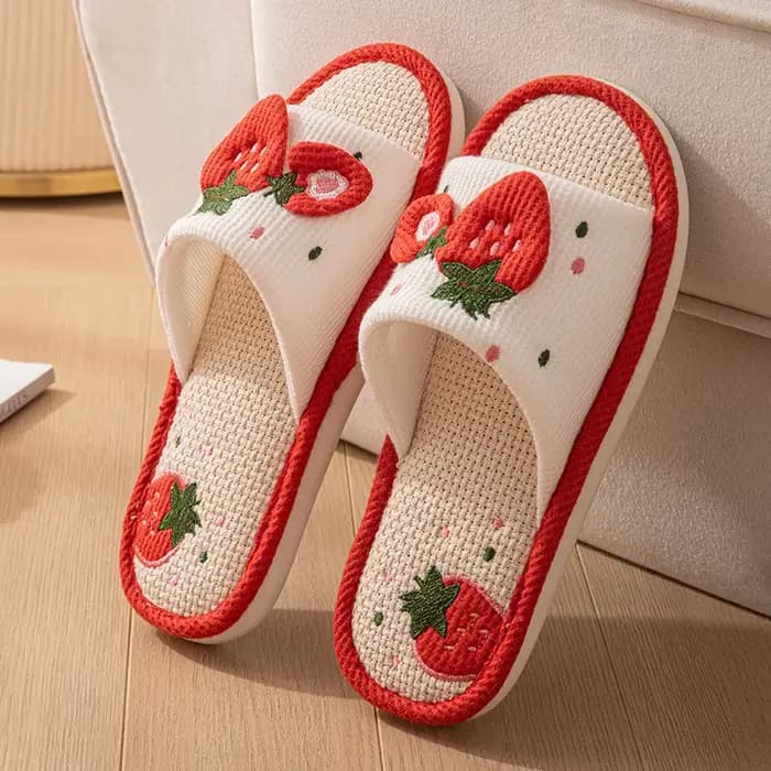 Pantoufles d'intérieur en lin à motif fraise pour femmes et filles, à bout ouvert, de créateur, d'été, antidérapantes, douces, silencieuses, unisexes et respirantes