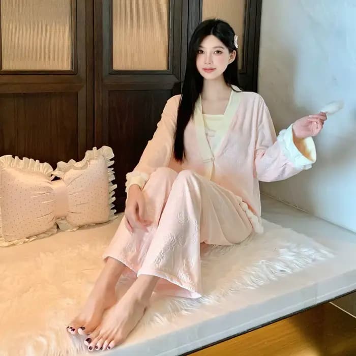 Pyjama 3 pièces en Jacquard Rose pour femmes
