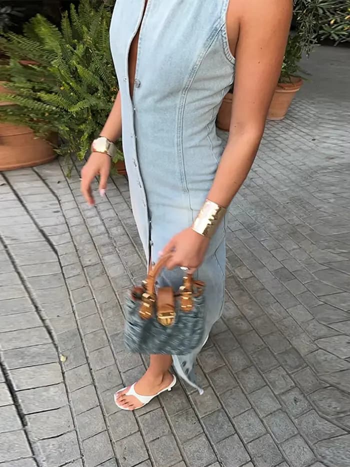 Revers sans manches Denim longues Robes femmes Sexy col rabattu simple boutonnage taille cintrée hanche paquet robe