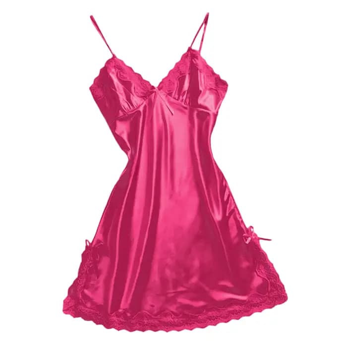 Femmes rouge Satin Sexy nuisettes nœud papillon dentelle col en V fronde Lingerie vêtements de nuit