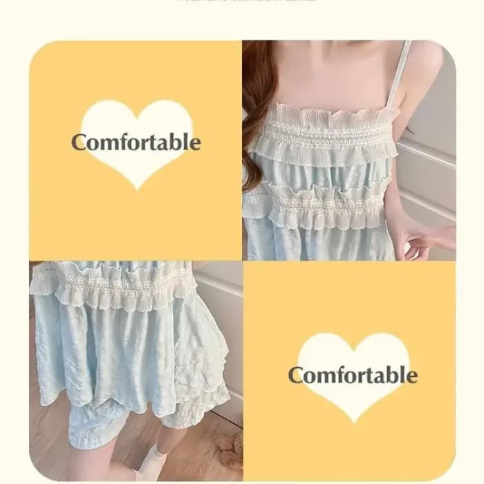 Ensemble de pyjama d'été style princesse pour femme avec coussinet de poitrine, short à bretelles, vêtements d'intérieur coréens, tenue décontractée ample à volants pour filles