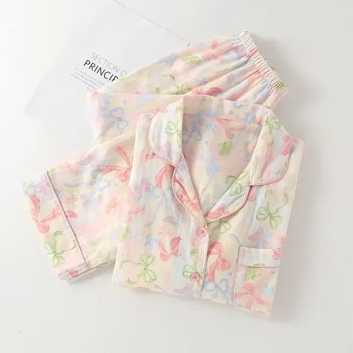 2025 printemps et automne femmes nouveau pyjama ensemble 100% coton crêpe à manches longues pantalon mignon maison deux