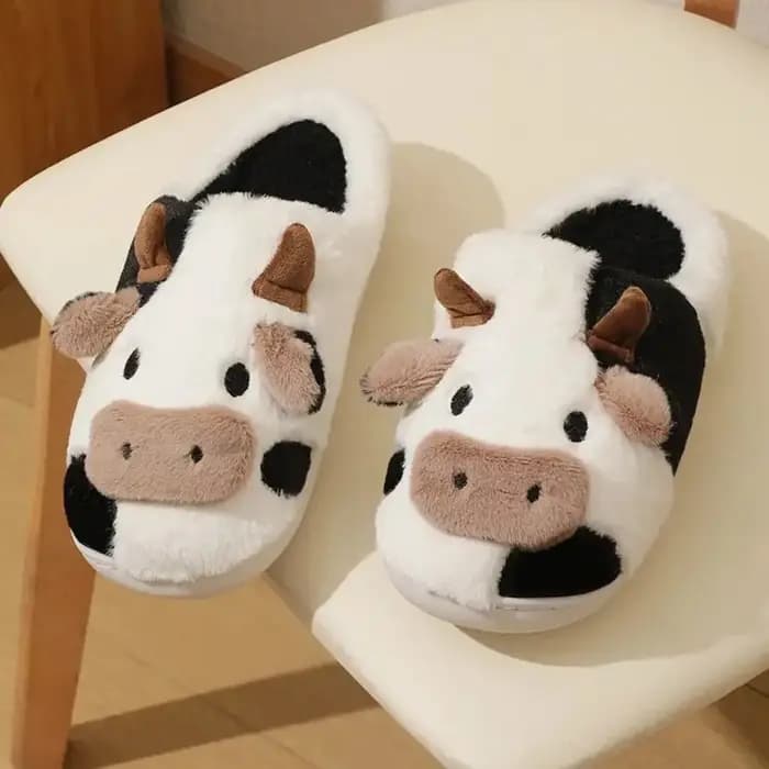 1 paire de pantoufles en peluche de vache antidérapantes