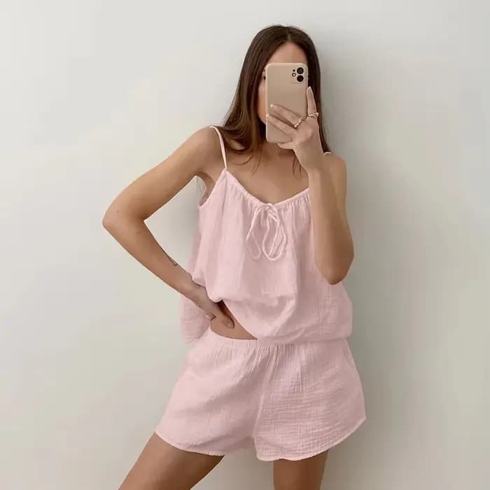 Nouvel ensemble de pyjama d'été 2026 pour femme, en pur coton, avec short à bretelles, confortable, 2 pièces, vêtements décontractés pour la maison, style Y2K, vente chaude
