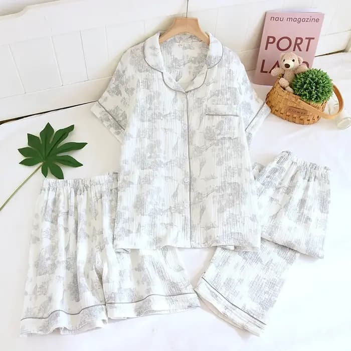 Été femmes pyjamas 3 pièces ensemble 100% gaze coton vêtements de nuit féminins chambre