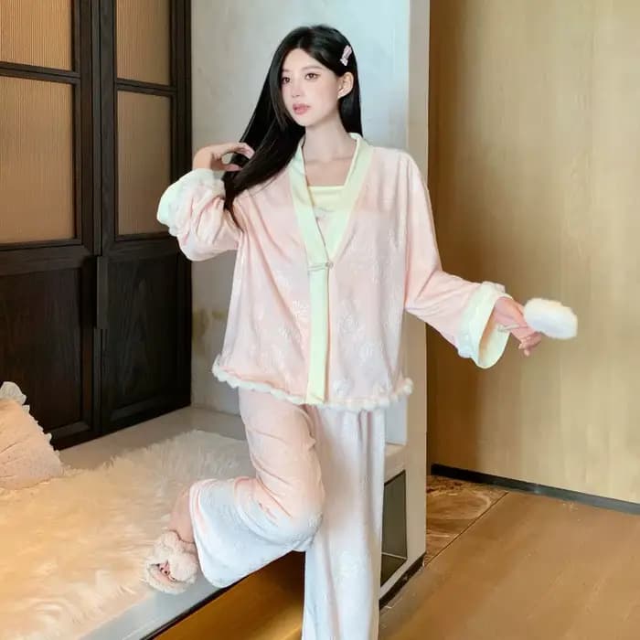 Pyjama 3 pièces en Jacquard Rose pour femmes