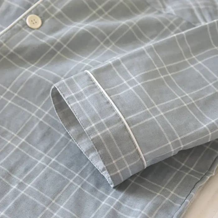 Ensemble de pyjama pour homme en coton gazeux à manches longues et pantalon, design à carreaux décontracté, taille plus, pyjama homme