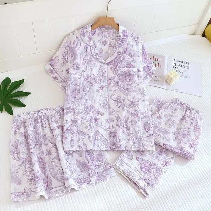 Été femmes pyjamas 3 pièces ensemble 100% gaze coton vêtements de nuit féminins chambre