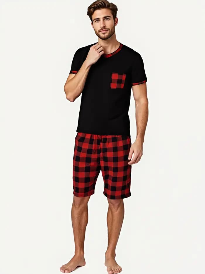 Ensembles de pyjama pour hommes pyjamas à carreaux à manches courtes