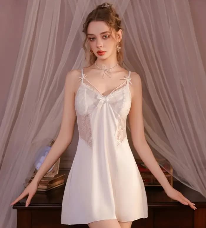 Ensemble de pyjama et robe de chambre en satin ajouré avec nœud en dentelle, dos nu, avec coussinets de soutien-gorge intégrés, respirant, tenue d'intérieur, style français charmant