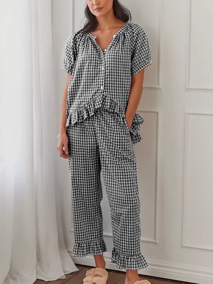 Pyjama à carreaux à manches bouffantes sur le devant pour femmes