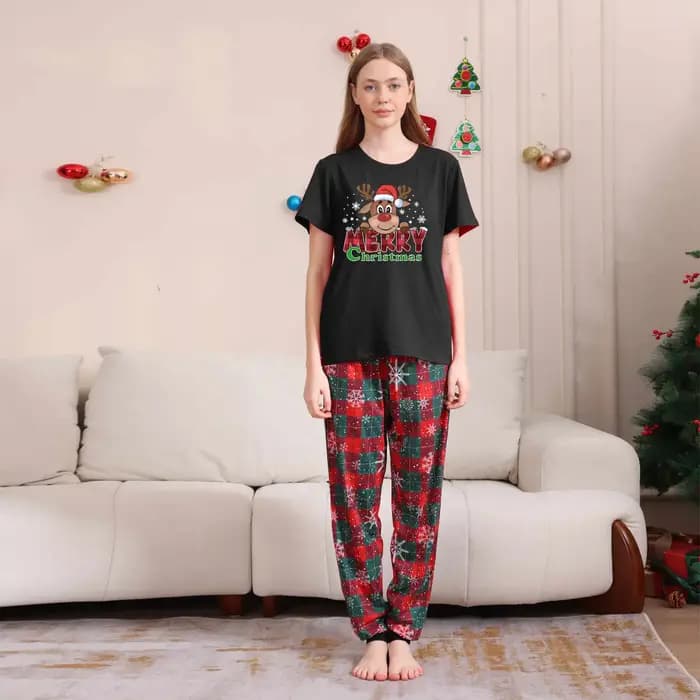 Ensemble pyjama de noël à manches courtes, imprimé de dessin animé, tenue assortie pour adultes et enfants, t-shirt + pantalon, costume 2 pièces, barboteuse pour bébé, Look de famille