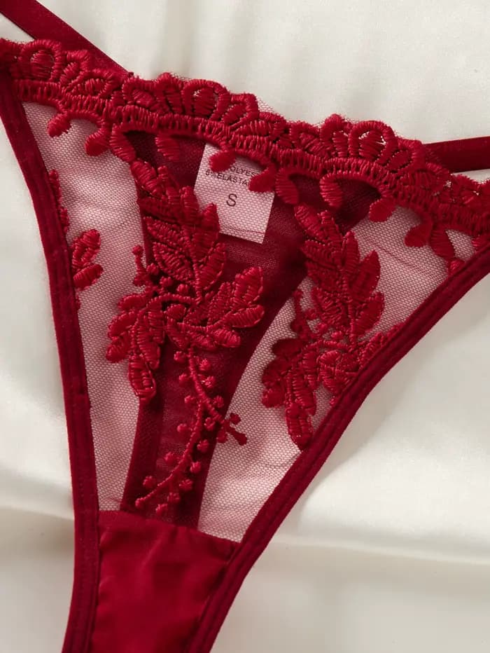 Chemise de nuit semi-transparente brodée d'oreilles de blé style campagne pour femme rouge vin