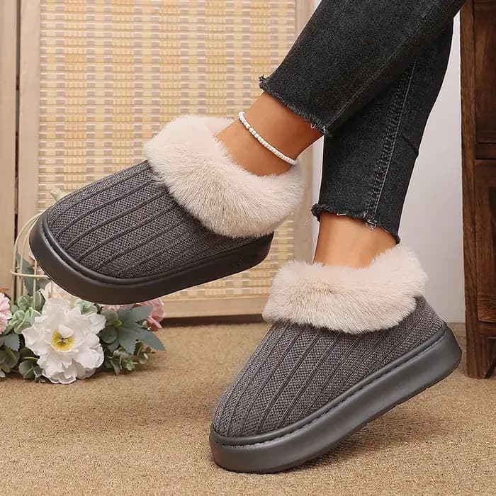 Chaussons en tricot moelleux pour femmes, chaussures d'hiver fermées à l'arrière, bottes d'intérieur en peluche à col duveteux pour femmes, semelle épaisse antidérapante.