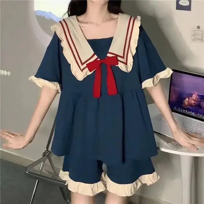 Ensemble de pyjama princesse style marine pour filles, vêtements d'intérieur à manches courtes, doux, mignon, dessin animé, étudiant, dames, été, nouveau